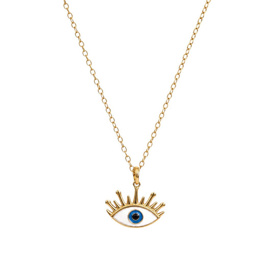 Anzora Jewel Radiant Aegis gold evil eye necklace with white and blue enamel sunburst pendant on a cable chain.