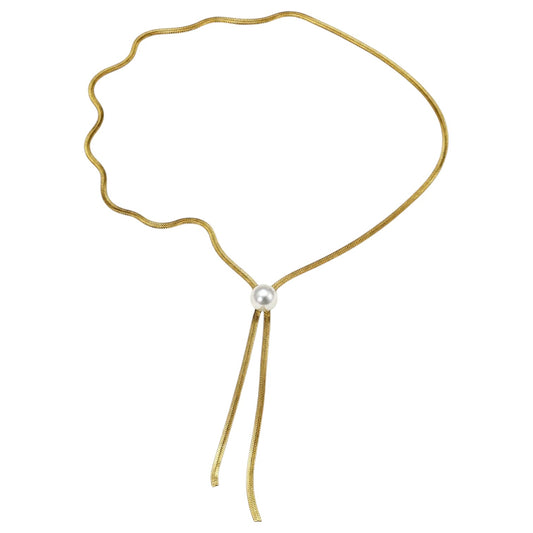 Anzora Jewel gold-tone flat-woven mesh lariat necklace featuring a single white pearl slide and cascading double drop.