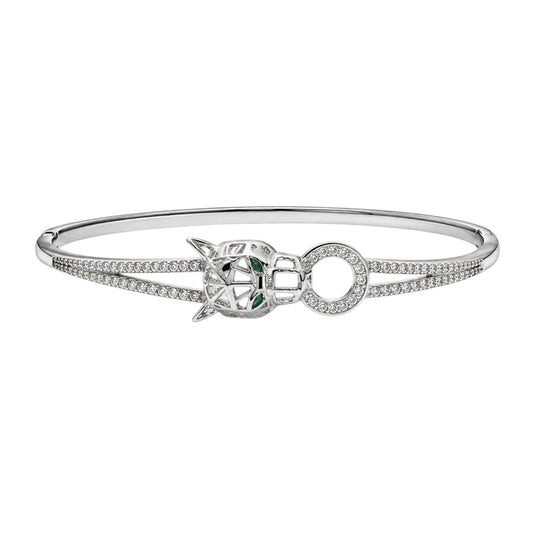Anzora Jewel Imperial Panthère silver-tone hinged bangle with a panther head motif, emerald eyes, and pave crystals.