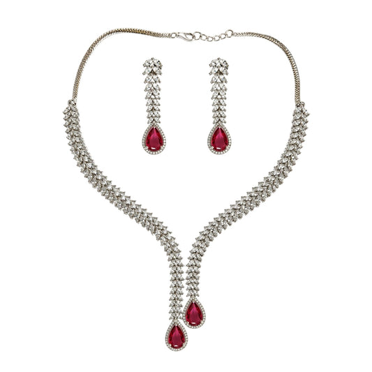 Anzora Jewel Alcyone necklace and drop earring set featuring brilliant crystals and ruby-red pear-cut stones.