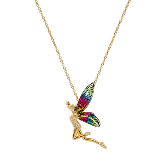 Anzora Jewel Sylphina necklace featuring a gold fairy pendant with multi-colored enamel wings and pavé crystals.