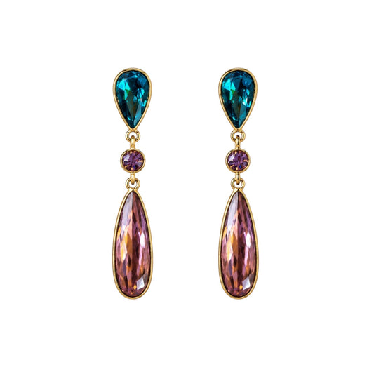 Anzora Jewel Alba Multi long drop earrings featuring teal and pink premium-cut stones set in a refined gold-tone finish.