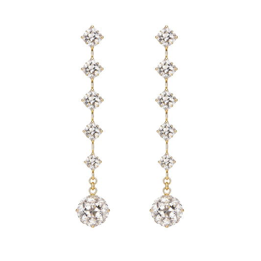 Anzora Jewel Anzo star long drop earrings featuring sparkling square and round cut crystals in a gold setting.