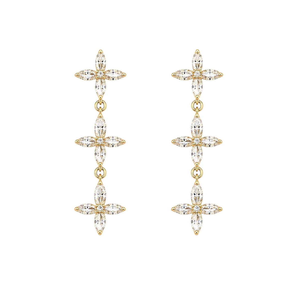 Anzora Jewel Asteria gold drop earrings featuring marquise-cut crystals in a delicate floral design with gold plating.
