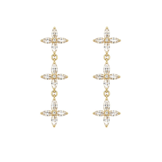 Anzora Jewel Asteria gold drop earrings featuring marquise-cut crystals in a delicate floral design with gold plating.