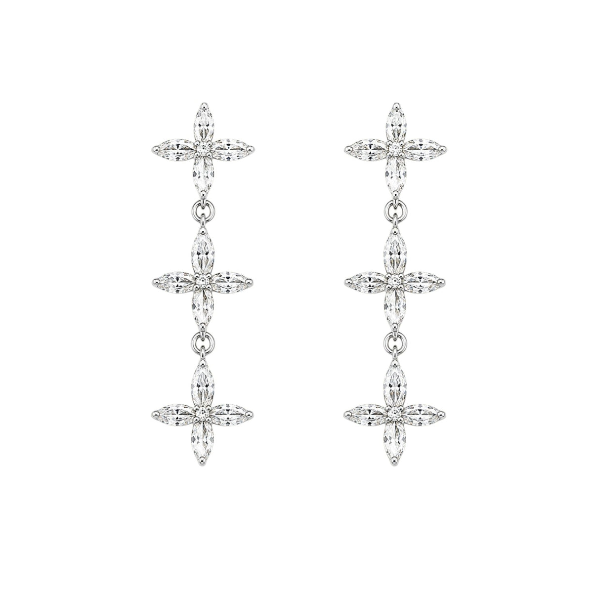 Anzora Jewel Asteria Silver drop earrings featuring three connected floral motifs with sparkling marquise-cut stones.