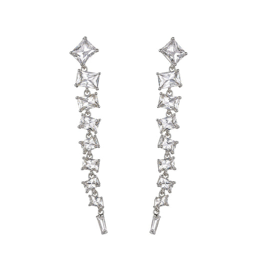 Anzora Jewel Astralis drop earrings featuring a linear cascade of princess, emerald, and radiant cut clear stones.