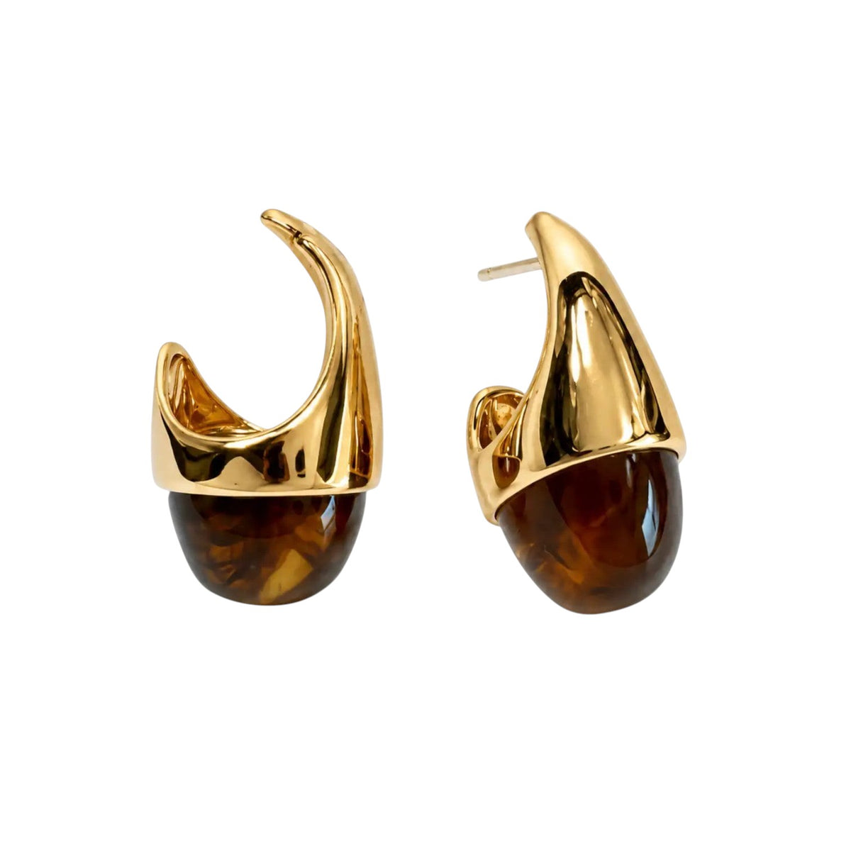 Anzora Jewel Auriga Brown hoop earrings featuring gold-tone sculpted arcs and tortoiseshell-amber cabochons.