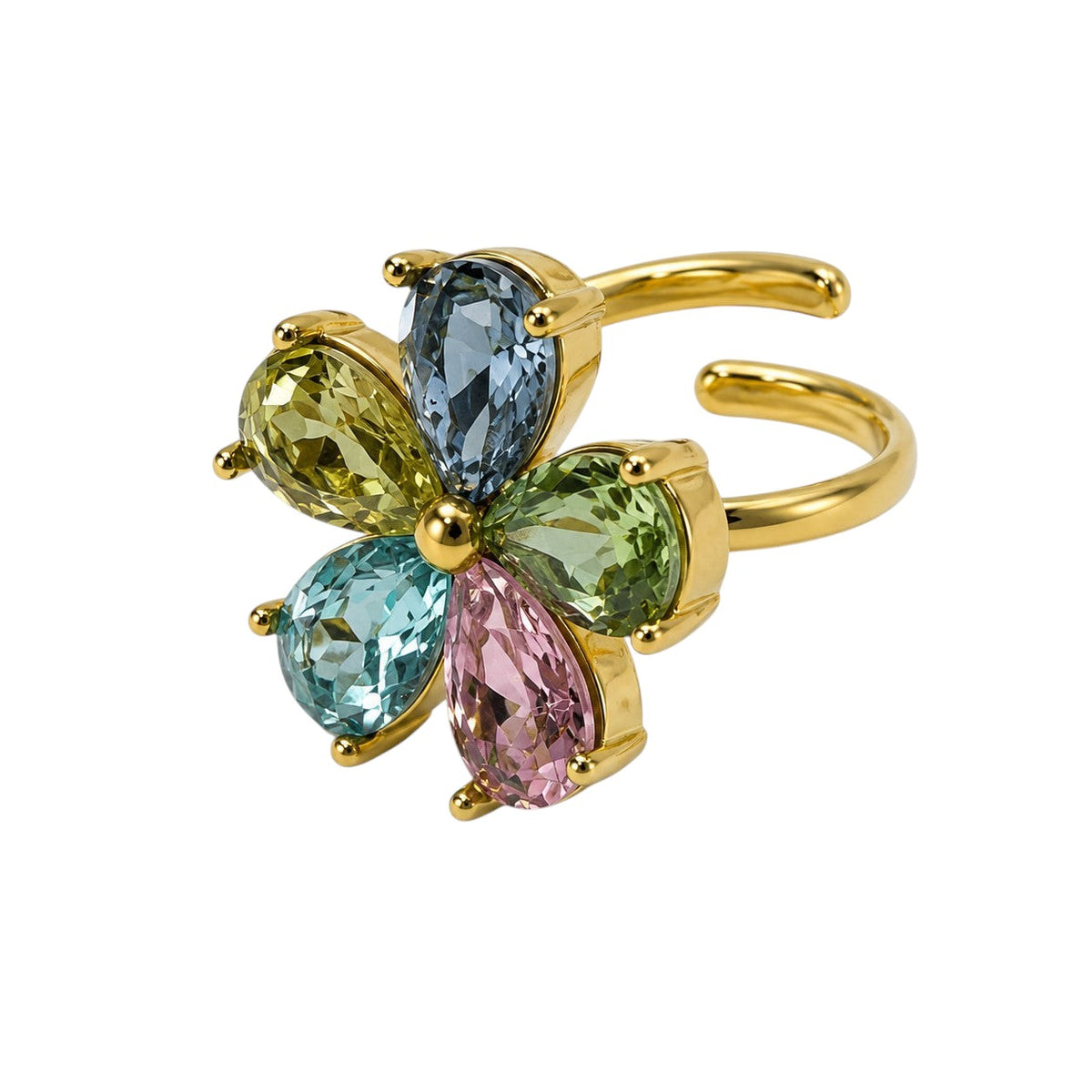 Anzora Jewel Aurora Ring featuring a gold-toned open band with a floral design of five colorful teardrop stones.