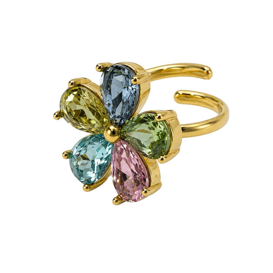Anzora Jewel Aurora Ring featuring a gold-toned open band with a floral design of five colorful teardrop stones.
