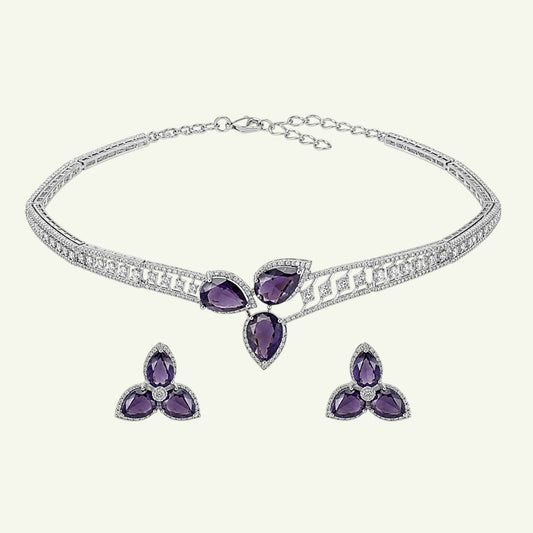 Anzora Jewel Bellatrix choker necklace and stud earring set featuring purple pear-cut stones in a silver leaf design.