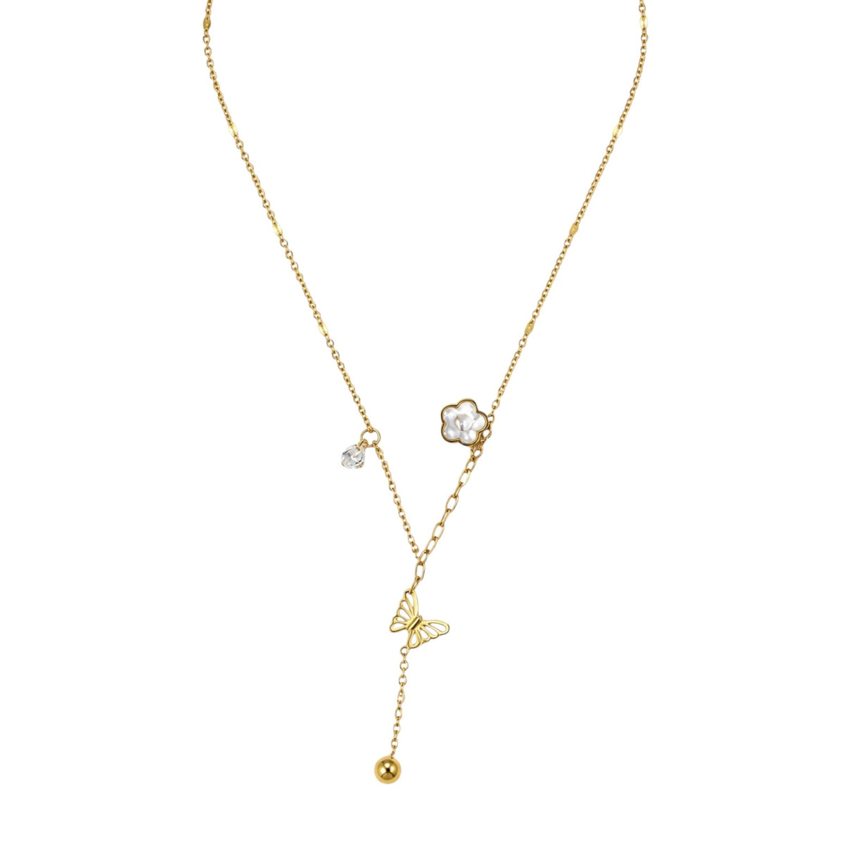 Anzora Jewel gold-toned lariat necklace featuring a butterfly charm, floral blossom, crystal accent, and spherical bead.