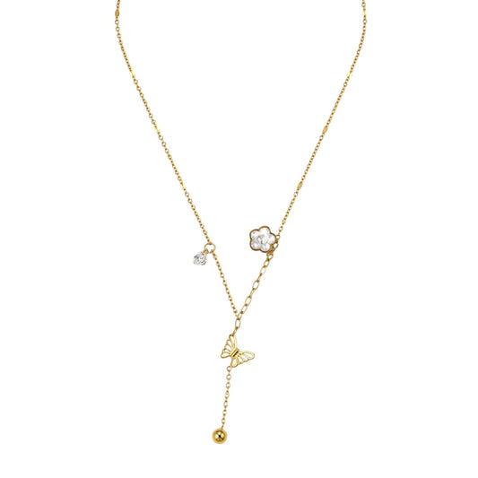 Anzora Jewel gold-toned lariat necklace featuring a butterfly charm, floral blossom, crystal accent, and spherical bead.