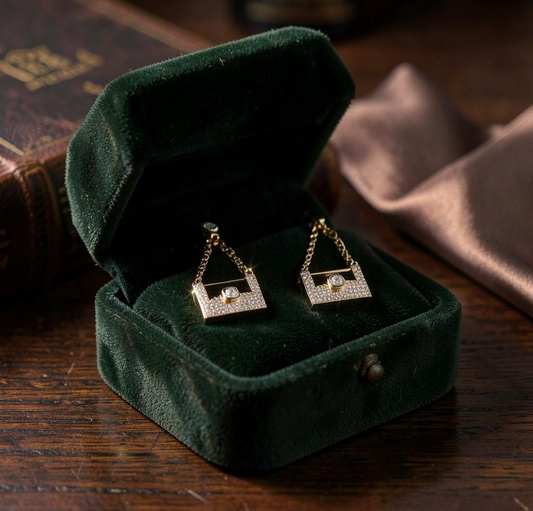 Anzora Jewel Celaeno gold earrings with pavé diamonds in a dark green velvet jewelry box on a wooden table