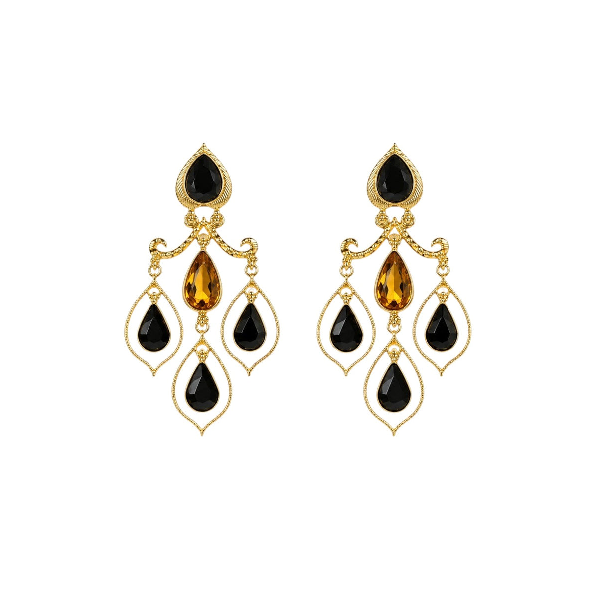 Anzora Jewel Celestia Black drop earrings featuring gold-tone metal, black teardrop stones, and amber crystal accents.