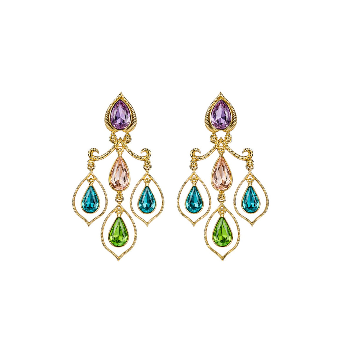 Anzora Jewel Celestia Multi chandelier earrings featuring pear-cut amethyst, champagne, teal, and peridot stones in gold