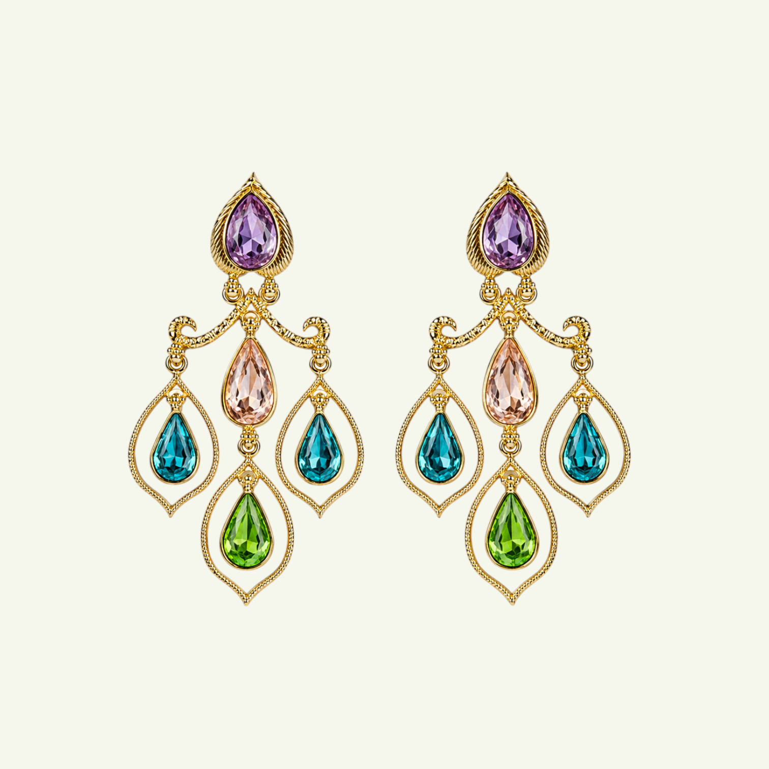Anzora Jewel Celestia Multi chandelier earrings featuring gold filigree and teardrop crystals in purple, pink, and blue.