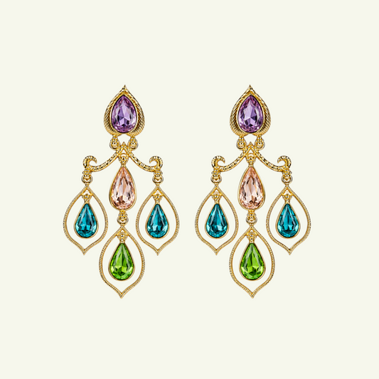 Anzora Jewel Celestia Multi chandelier earrings featuring gold filigree and teardrop crystals in purple, pink, and blue.