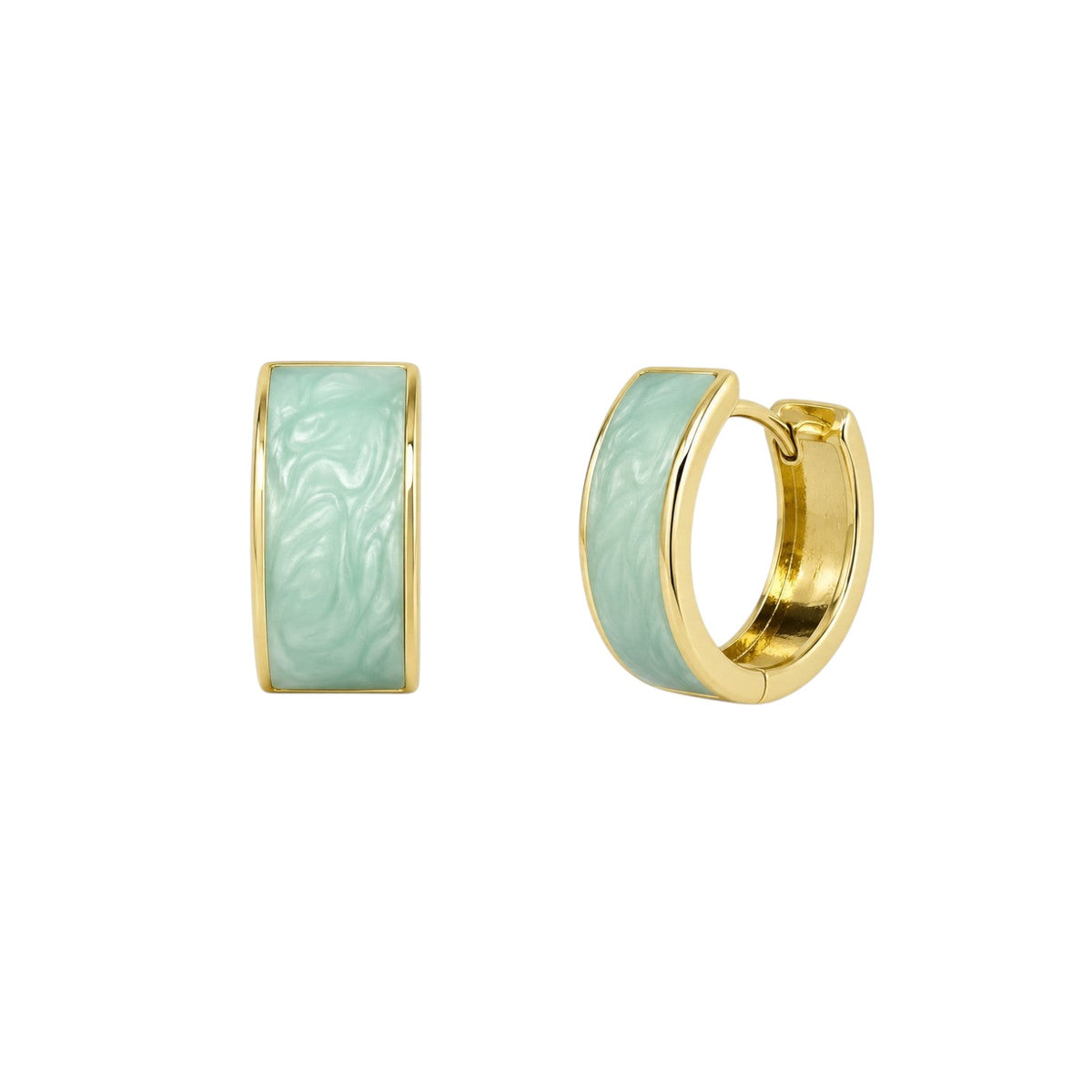 Anzora Jewel Cosmea huggie earrings featuring marbled mint green enamel inlay set in polished gold-tone metal.