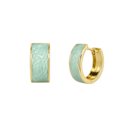Anzora Jewel Cosmea huggie earrings featuring marbled mint green enamel inlay set in polished gold-tone metal.