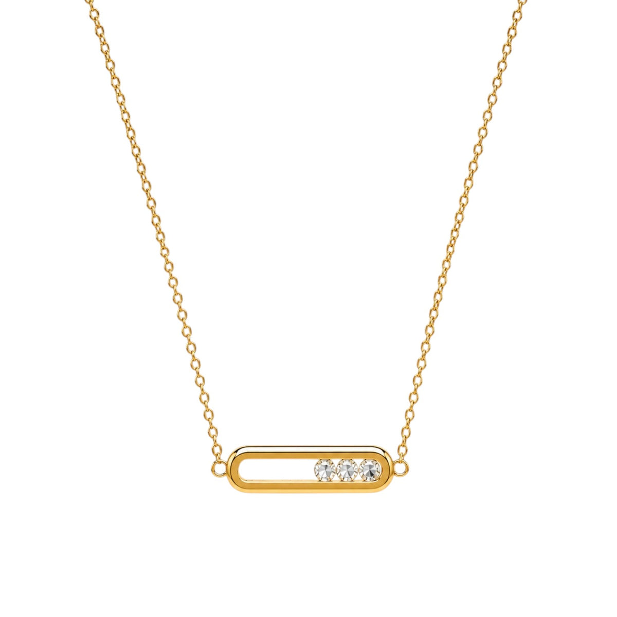 Anzora Jewel Crystal Bar necklace featuring a gold-toned elongated pendant with three movable sparkling stones.
