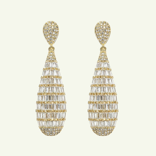Anzora Jewel Crystal Drop earrings featuring gold-tone teardrop silhouettes with baguette-cut and pavé-set crystals.