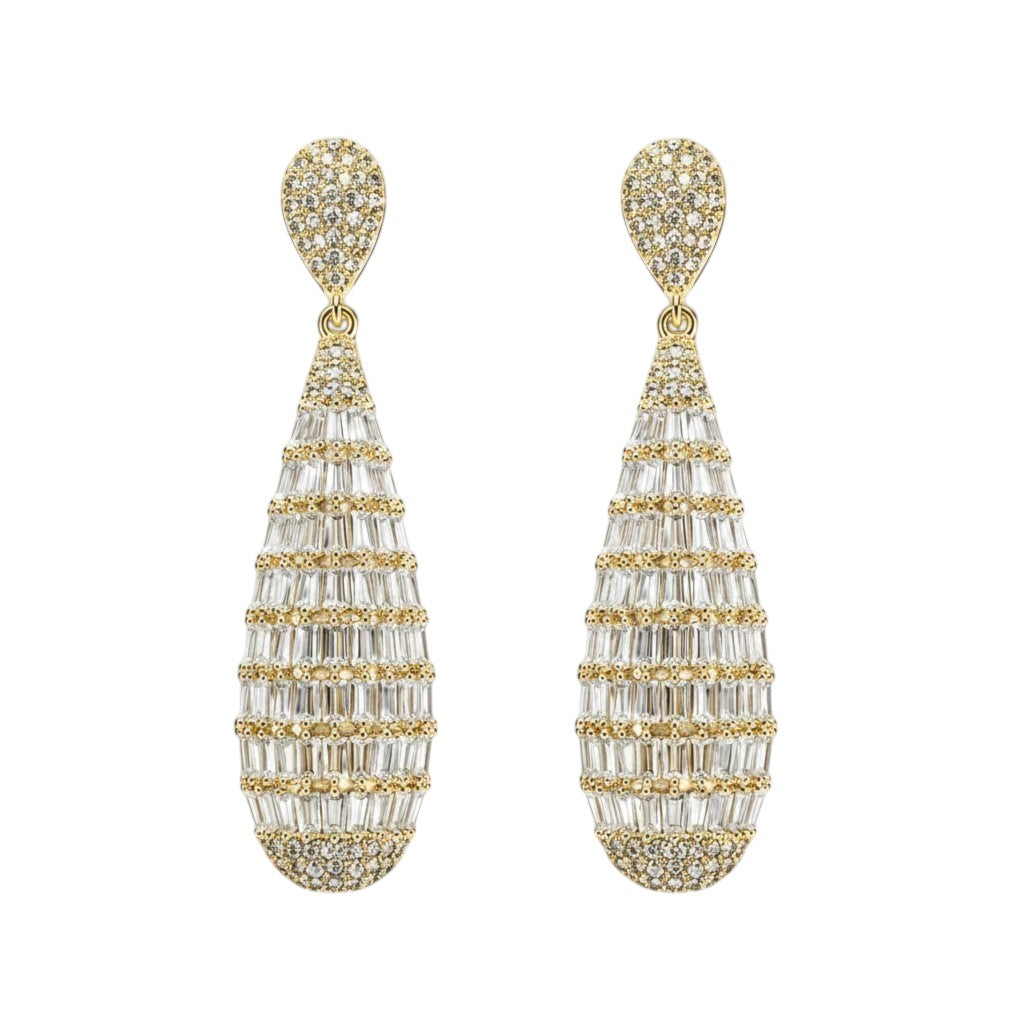 Anzora Jewel gold-tone teardrop earrings featuring baguette-cut crystals and pavé-set stones for formal occasions.