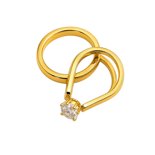 Anzora Jewel Dual Grace Ring featuring a gold-toned open-band design with a brilliant round-cut clear stone.