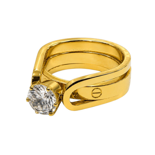 Anzora Jewel Dual Grace Ring featuring a gold-toned open-band design with a brilliant round-cut clear stone.
