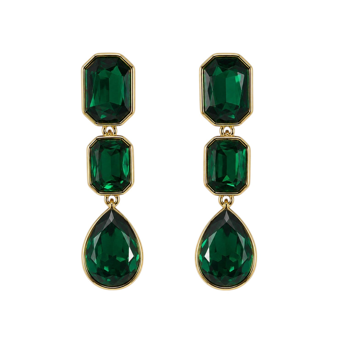 Anzora Jewel Emerald Triad Drops featuring faceted green crystals in gold bezel settings with a linear teardrop design