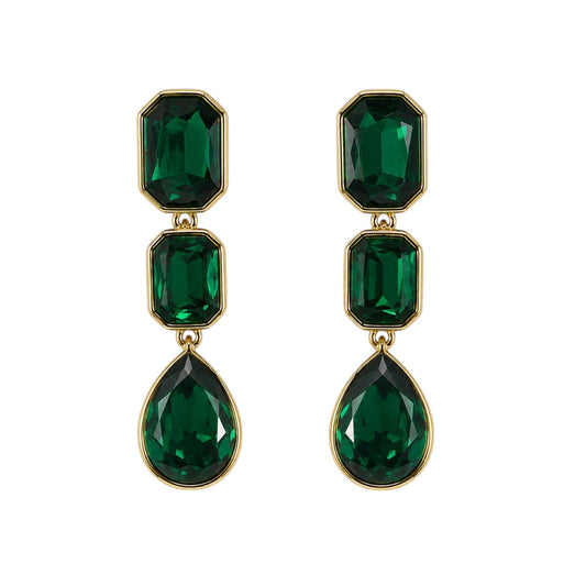 Anzora Jewel Emerald Triad Drops featuring faceted green crystals in gold bezel settings with a linear teardrop design