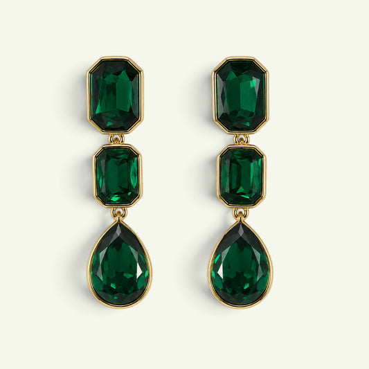 Anzora Jewel emerald green crystal drop earrings featuring three faceted stones in gold bezel settings.