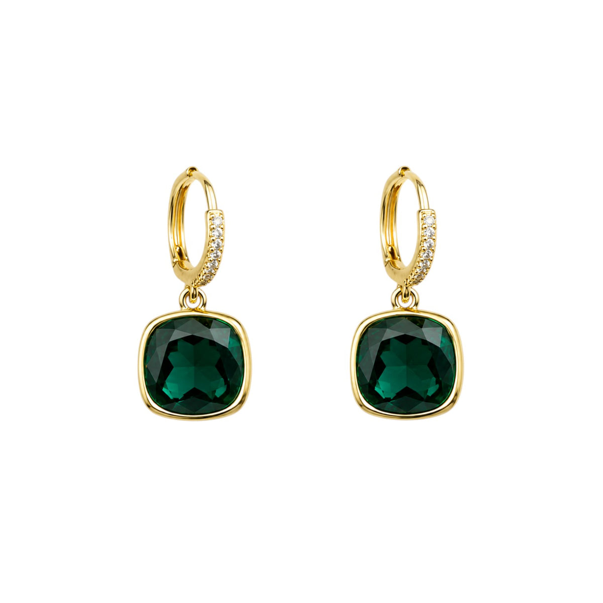 Anzora Jewel Deneb emerald cushion-cut drop earrings with pavé crystal gold-tone hoops for formal occasions.