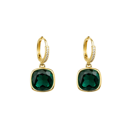 Anzora Jewel Deneb emerald cushion-cut drop earrings with pavé crystal gold-tone hoops for formal occasions.