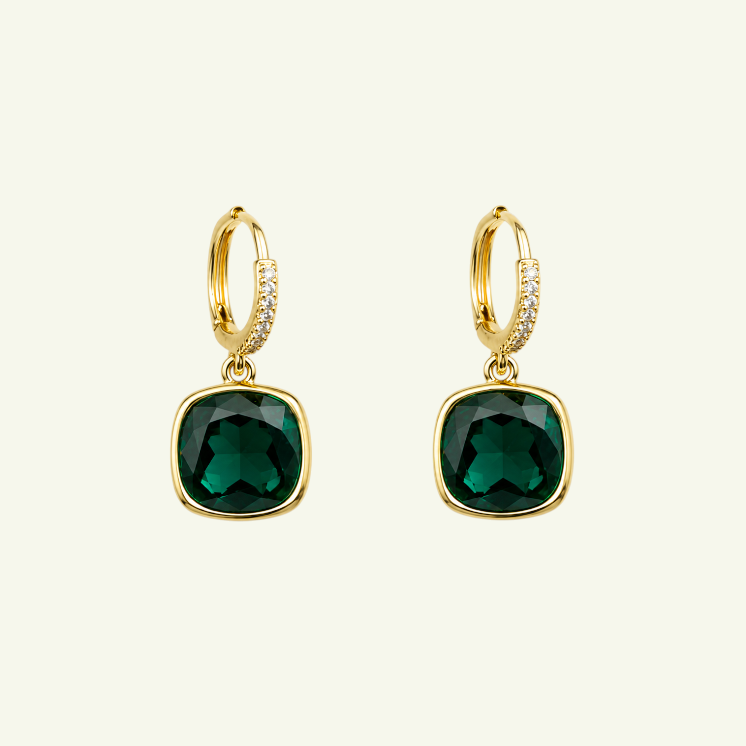 Anzora Jewel Deneb emerald cushion-cut drop earrings with pavé crystal gold-tone hoops for formal occasions.