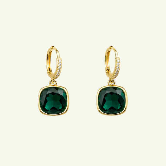 Anzora Jewel Deneb emerald cushion-cut drop earrings with pavé crystal gold-tone hoops for formal occasions.