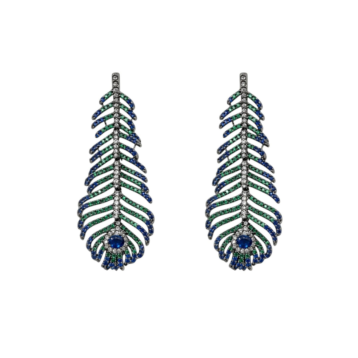 Anzora Jewel Featheris drop earrings featuring sapphire-blue, emerald-green, and clear stones on a gunmetal frame.