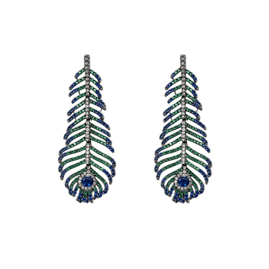 Anzora Jewel Featheris drop earrings featuring sapphire-blue, emerald-green, and clear stones on a gunmetal frame.