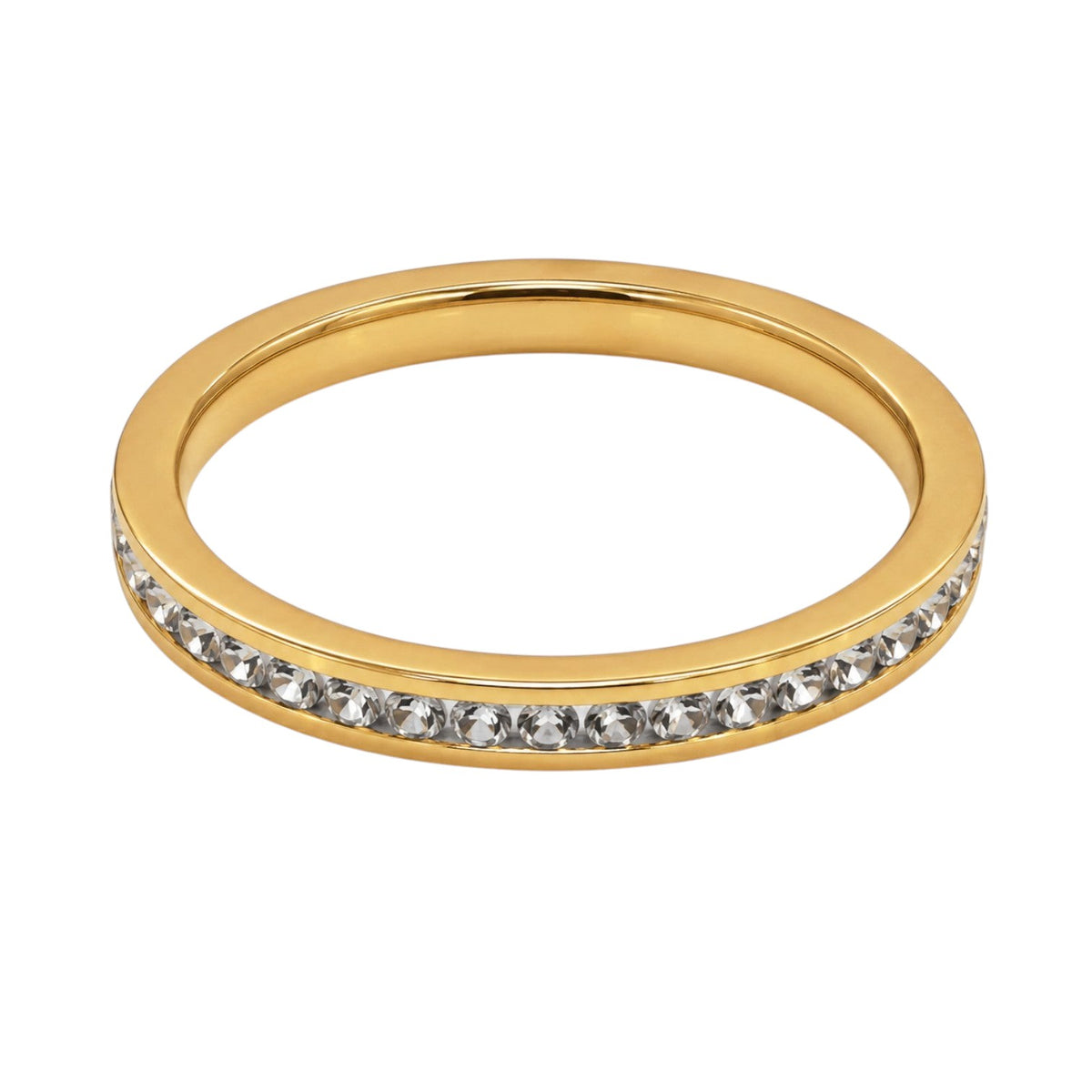 Anzora Jewel gold-toned channel eternity ring featuring a continuous row of brilliant clear stones.
