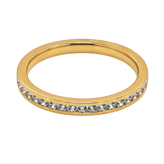 Anzora Jewel gold-toned channel eternity ring featuring a continuous row of brilliant clear stones.