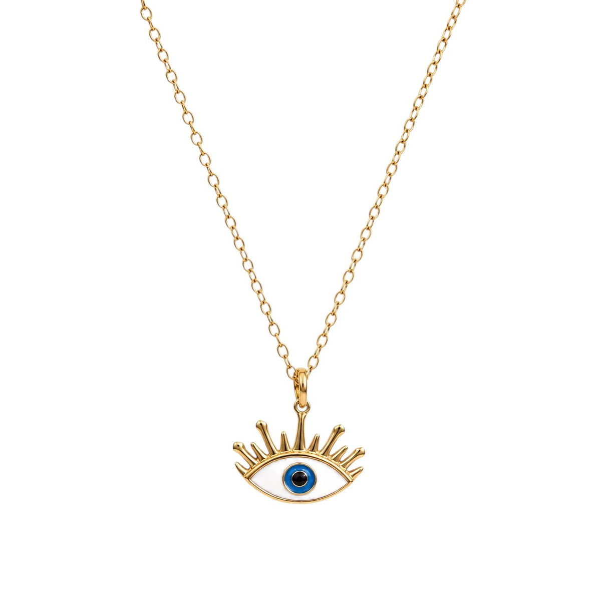 Anzora Jewel Radiant Aegis gold evil eye necklace with white and blue enamel sunburst pendant on a cable chain.