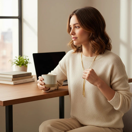 Anzora Jewel gold-tone mesh lariat necklace with a pearl slide worn by a woman in a beige sweater at a desk.