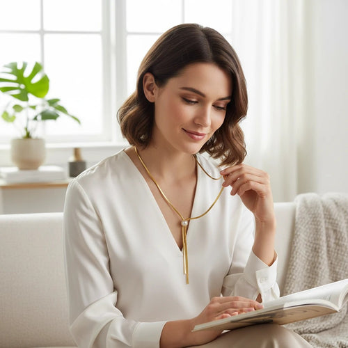 Anzora Jewel gold-tone mesh lariat necklace with a pearl slide, worn by a woman in a white blouse reading a book.