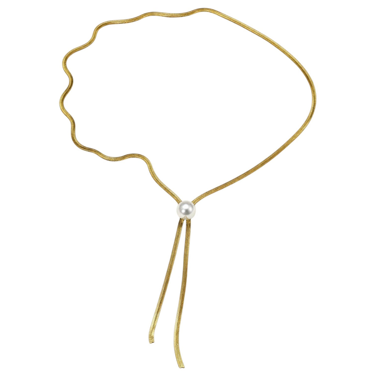 Anzora Jewel gold-tone flat-woven mesh lariat necklace featuring a single white pearl slide and cascading double drop.