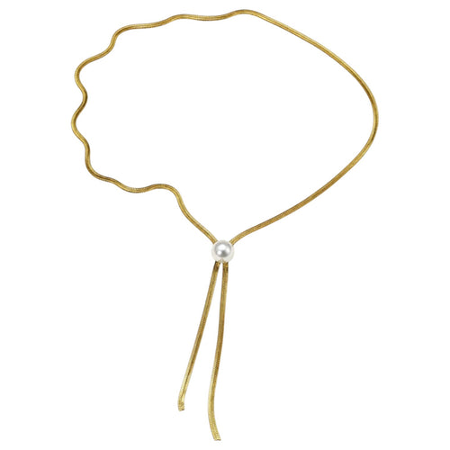 Anzora Jewel gold-tone flat-woven mesh lariat necklace featuring a single white pearl slide and cascading double drop.