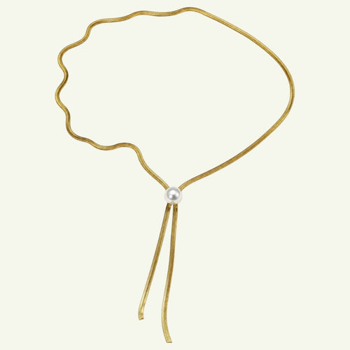 Anzora Jewel lariat necklace featuring a gold-tone flat-woven mesh chain with a single pearl slide drop.