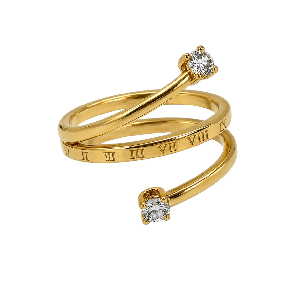 Anzora Jewel gold-toned wrap ring featuring Roman numeral engravings and two round-cut stones on an open band.
