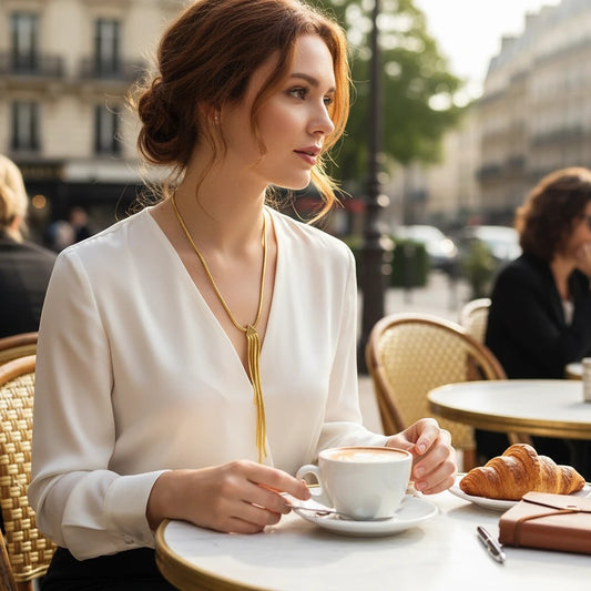 Anzora Jewel multi-strand gold tassel necklace with herringbone snake chains worn by a woman at a Parisian cafe.