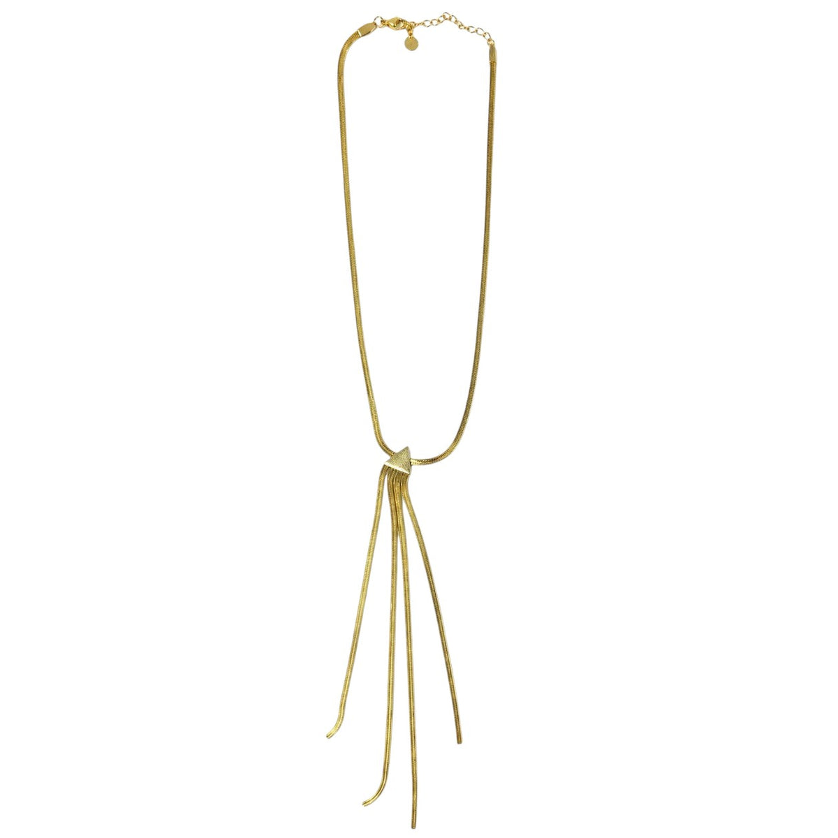 Anzora Jewel gold multi-strand tassel necklace featuring a flat herringbone snake chain and triangular clasp.