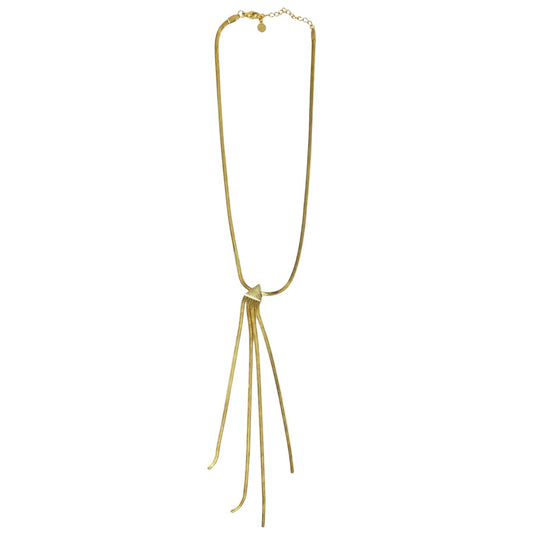 Anzora Jewel gold multi-strand tassel necklace featuring a flat herringbone snake chain and triangular clasp.